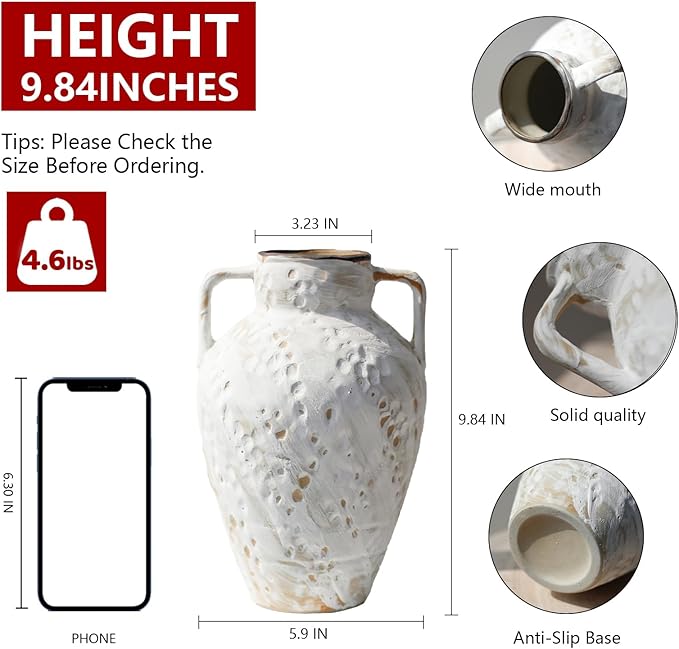 White Ceramic Rustic Vase with 2 Handles,10'' Vintage Farmhouse Stoneware Clay Flower Vase, Boho Pottery Terracotta Handmade Decorative for Home Living Room Kitchen