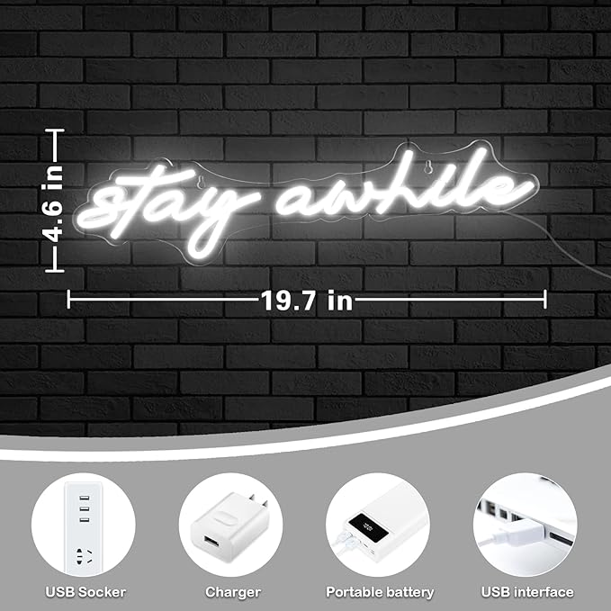 Stay Awhile Neon Signs - IMEGINA Dimmable LED Neon Sign for Wall Decor 19.7x5 Inch, USB Powered Neon Light for Bar Bedroom Home Room Pub Party (White)
