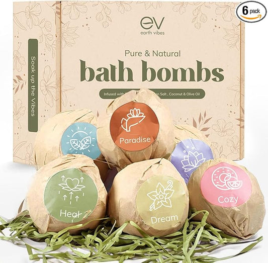 Earth Vibes Bath Bombs Gift Set - USA Made XXL Natural Bath Fizzies Infused with Essential Oils - Moisturizes Dry Skin, Organic Olive Oil, Coconut Oil, Epsom Salt - Women Men Kids - 6 x 5oz