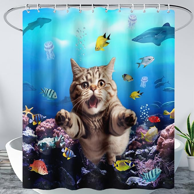 AILONEN 3D Swimming Cat Shower Curtain Set,Coral Bath Curtain for Kids Girls Boys,Sea Animals Ocean Theme Shower Curtain,Cat Lovers Animal Shower Curtains for Bathroom Decor, 72" W*72" H