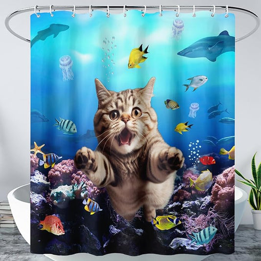 AILONEN 3D Swimming Cat Shower Curtain Set,Coral Bath Curtain for Kids Girls Boys,Sea Animals Ocean Theme Shower Curtain,Cat Lovers Animal Shower Curtains for Bathroom Decor, 72" W*72" H