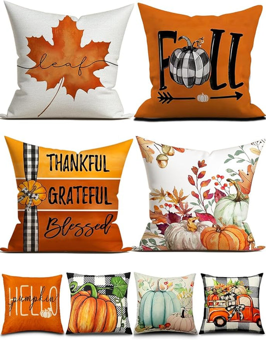 TOYPOPOR Fall Decorations Pillow Covers Double-Side Printing 18'' x 18'' Set of 4, Pumpkins Thankful Blessed Buffalo Plaid Fallen Leaves Thanksgiving Throw Cushion Cases for Outdoor Indoor Home Decor