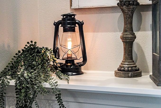 Rustic Farmhouse Lantern Table Lamp: Dimmable, Edison Bulb, Line Cord Dimmer - Medium Body, Rustic Finish, US UL/ULC Canada Safety Listed by Muskoka Lifestyle Products USA