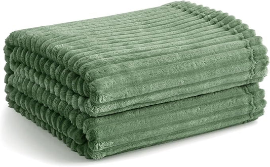 Vessia Flannel Fleece Throw Blanket for Couch,Sofa,Bed, 300GSM Microfiber Sage Green Striped Chair Blanket for Adults and Kids, Super Soft Warm Cozy Lightweight Ribbed Throw for All-Season