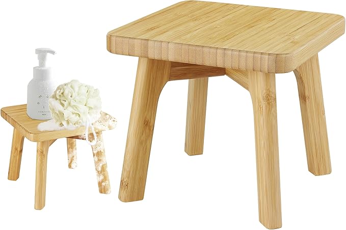 Kids Step Stool - Toddler Stool - Bamboo Wooden Stepping Foot Stools Adult Bedside Step Stool for Bed 350 Lbs Capacity Portable Small Stools to Sit on (Small Square)