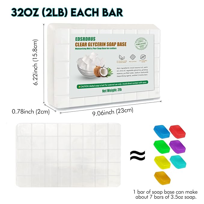 2LB Unscented Glycerin Soap Base DIY Handmade Soap Moisturizing Melt and Pour Soap Base for Crafting, Vegetable Glycerin & Coconut Oil, Easy to Cut (Transparent, 2LB)
