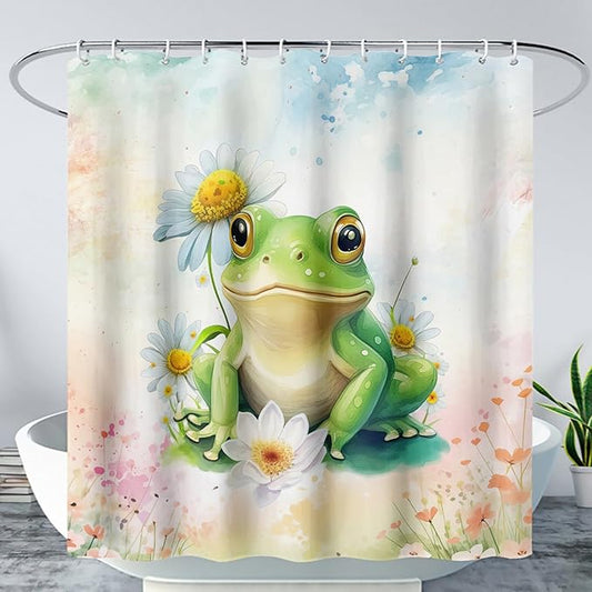 AILONEN Cartoon Frog Shower Curtain Set for Bathroom,Green Frog Bath Curtain,Amphibian Animal Shower Curtain,Tie Dye Flowers Waterproof Fabric Shower Curtain with Hooks,72" W*78" H