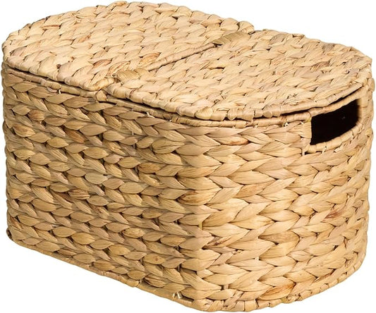Woven Laundry Basket with Lid - Large Wicker Hamper with Lid for Clothes Storage - Round Rattan Laundry Hamper - Water Hyacinth Storage Basket with Lid (Natural Brown, 16.1x10.2x8.3 in)