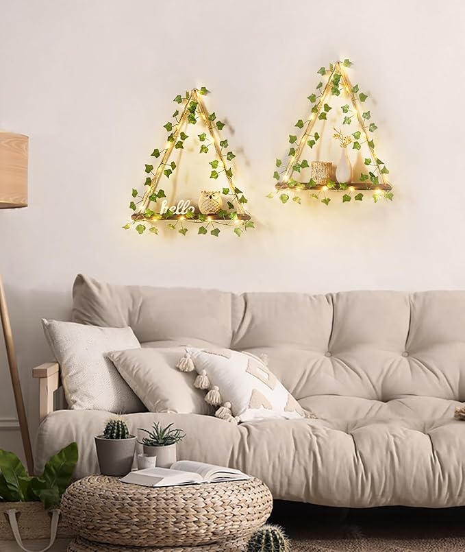 Mkono Artificial Ivy Macrame Hanging Shelves with Lights Set of 2 Boho Wall Decor Display Plants Photos Wood Floating Storage Shelf for Bedroom Bathroom Living Room Nursery Dorm Kitchen
