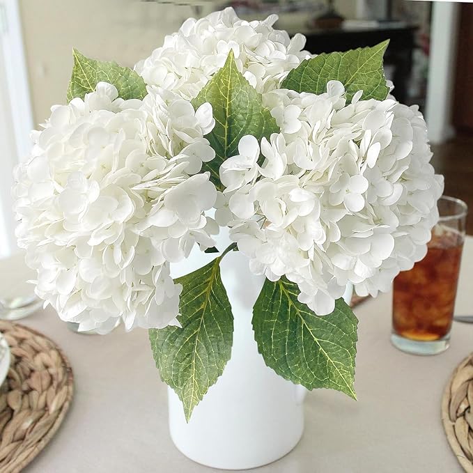 White Flowers Hydrangea Artificial Flowers, 4Pcs Outdoor Large 21” Royal Real Touch Latex Silk Flowers Faux Hydrangea, Lifelike Fake Flower for Spring Wedding Bouquet Table Centerpieces
