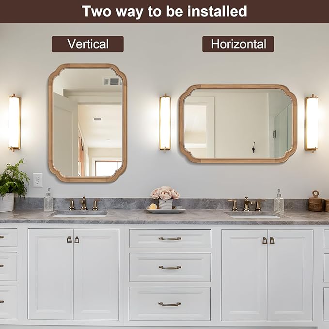 WallBeyond 24" x 36" Rounded Corner Arch Wall Mirror with Wood Frame for Entryway, Living Room or Bedroom Home Decor - Light Woodgrain [24" x 36" Honey-Colored]