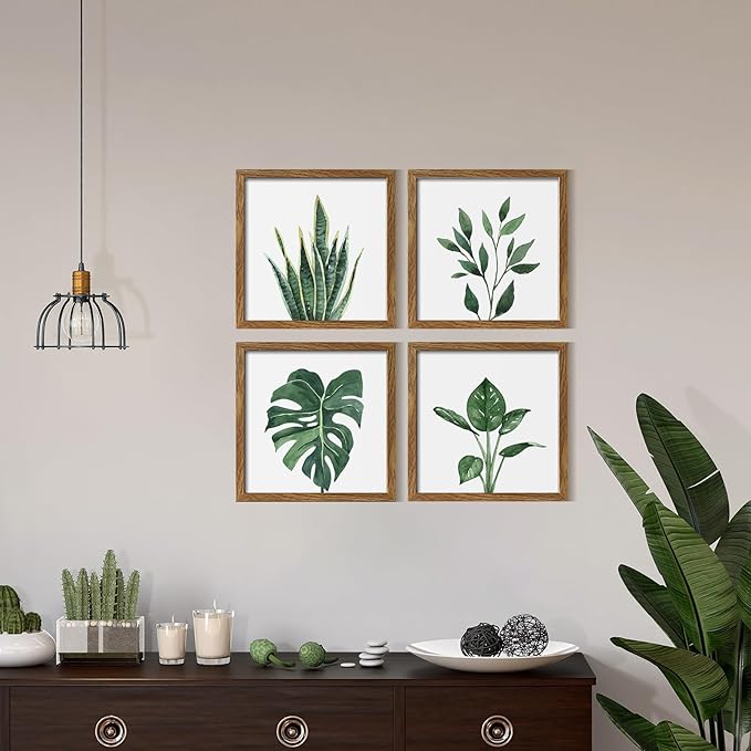 ArtbyHannah Framed Bathroom Wall Decor, 10x10 Inch Botanical Wall Art with Sage Green Plant Print for Wall Decoration, Minimalist Restroom Decor (Walnut)