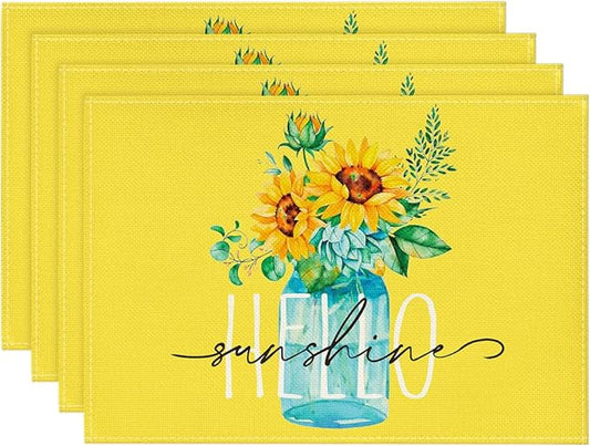 Artoid Mode Yellow Hello Sunshine Sunflower Summer Placemats for Dining Table, 12 x 18 Inch Spring Seasonal Holiday Decoration Rustic Vintage Washable Table Mats Set of 4