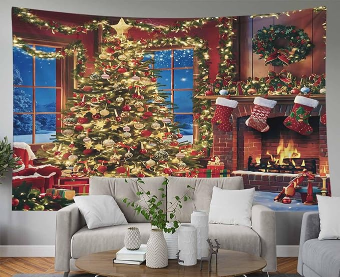 EMMTEEY Christmas Tree and Fireplace Warm Indoor Window Tapestry 60X50 Winter Backdrop for Wall Dorm Decor