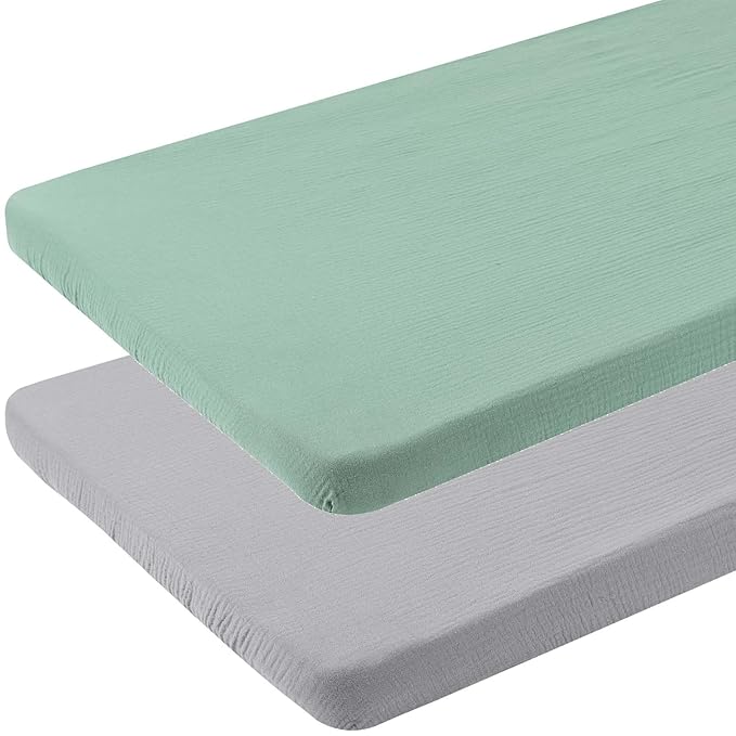 Muslin Pack and Play Sheets 30" x 43" Compatible with 4moms Breeze Plus Playard & Breeze Go Playard and Other Large Playpen Mattress, 100% Cotton 2 Pack, Grey and Green