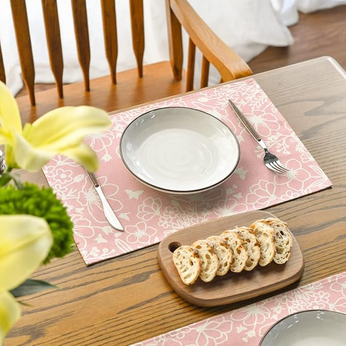 Artoid Mode Pink Bloom Flowers Summer Placemats Set of 4, 12x18 Inch Seasonal Spring Table Mats for Party Kitchen Dining Pink Decoration
