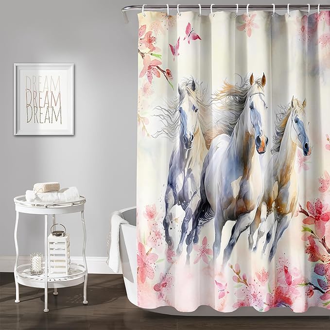 AILONEN Girls Flower Horse Shower Curtain for Bathroom,Galloping Horse Bath Curtain,Pink Watercolor Floral Horse Waterproof Curtain with 12 Plastic Hooks, 60" W*72" H