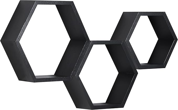 PHOENANCEE Hexagon Floating Shelves,Honeycomb Shelves Set of 3,Wall Mounted Wood Farmhouse Hexagonal Storage Wall Shelf for Bathroom, Kitchen, Bedroom, Living Room