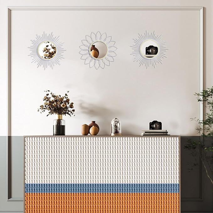 3 Pack Metal Mirrors for Wall Sunburst Wall Mirrors Home Décor Decorative Hanging Wall Art for Living Room Bedroom Entryway (White, Flower+Sunburst)