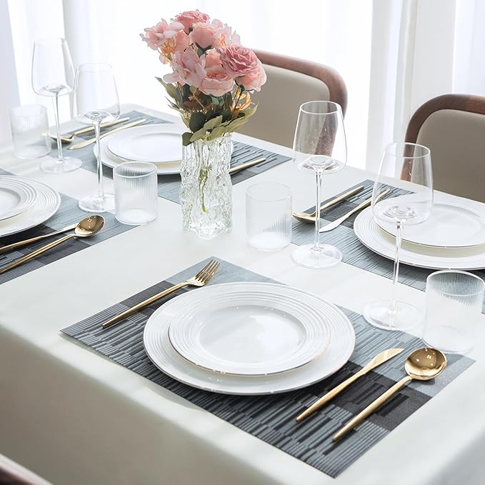 Placemats Set of 4 Vinyl/Plastic Woven Place Mats for Kitchen Table Indoor/Outdoor Washable Placemat Wipeable Dining Table Mats (Ombre Silver Grey Black,4)