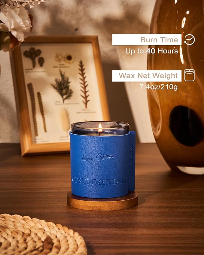 M&SENSE Soy Candles for Home Scented, Midsummer Dark Scented 7.4oz 40 Hours Long Lasting Natural Candle, Aromatherapy Candles for Relaxation, Leather Wrapped Luxury Candle Gifts for Men Women