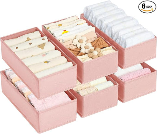DIMJ Drawer Organizer Clothes - Underwear Organizer Closet Organizers and Storage Box Dresser Organizer,Drawer Dividers for Baby Clothes,Bra,Socks, Belt, Tie, Set of 6,Pink