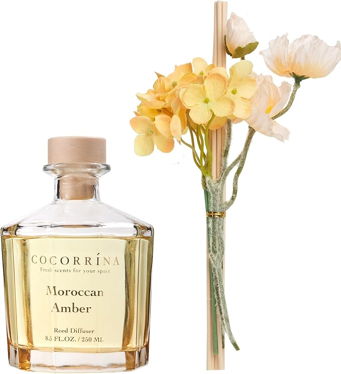 COCORRÍNA Reed Diffuser - Moroccan Amber 8.5oz Flower Reed Diffuser Set with 8 Sticks, Home Fragrance Reed Diffuser for Home Bedroom Office Bathroom Shelf Decor (Master Collection)