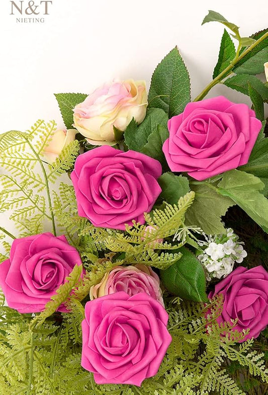N&T NIETING Artificial Flowers, Foam Roses Perfect for DIY Wedding Bridal Bouquets Centerpieces Bridal Shower Party Home Flower Arrangement Decor 25Pcs, Hot Pink