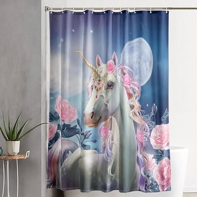 AILONEN Dreamy Unicorn Shower Curtain, Oil Painting Rose Waterproof Shower Curtain,3D Moon and Stars Girls Cloth Bath Curtain Set for Kids Teens Adults,72" W*72" H