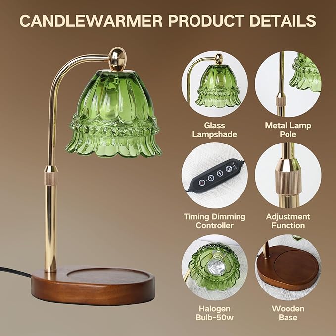 Candle Warmer Lamp with Timer Electric Candle Warmer Lamp Adjustable Height Candle Warmer Dimmable Wax Warmer Lamp Jar Candles with 2 Bulbs for Home Decor & Office
