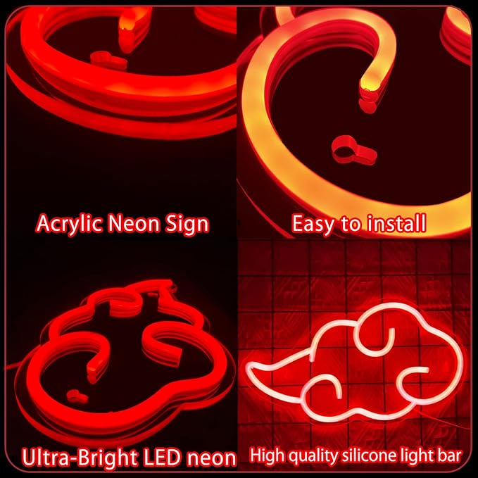 Dleouly Anime Neon Sign, LED Red Cloud Neon Signs for Wall Decor, Dimmable Gaming Neon Sign Wall Signs USB Night Neon Light for Bedroom Game Room Man Cave Party, Gifts for Your Son, Boyfriend(12x7in)