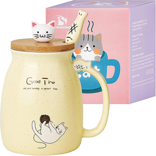SHENDONG Cute Cat Mug Cat Cup Novelty Cat Mugs Cat Gifts for Cat Lovers Women Girl Kids Morning Office Cute Cat Cup Coffee Cup with Kawaii Kitty Lid and Spoon Japanese style Yellow 15OZ