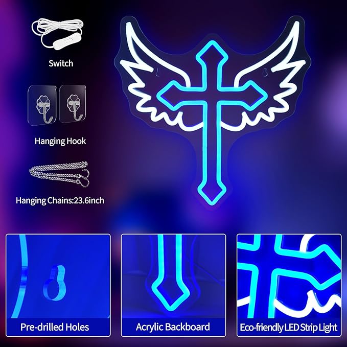 Cross Wings Neon Signs for Wall Decor White Blue LED Light Sign for Preppy Room Decor Light Up Sign for Birthday Party Decoration USB Powered