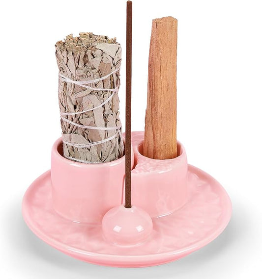Palo Santo Sticks Holder, Multi-Purpose Handmade Ceramic Incense Burner for Palo Santo Incense Sticks, Sage Holder for Burning, Ash Catcher Tray for Meditation Yoga Room (Light Pink)