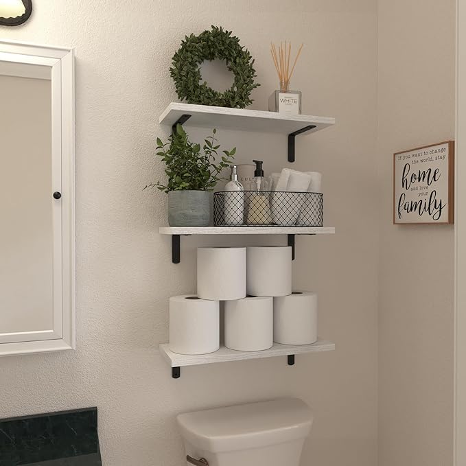 WOPITUES Set of 6 White Floating Wall Shelves - Modern Decor for Bedroom, Bathroom, Living Room [Upgraded]