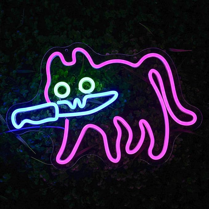 Cautiously Cat Neon Sign for Wall Decor Knife Neon Light Adorable LED Neon Sign for Bedroom Zoo Cat Cafe Cat House Store Restaurant Home Kitchen Men Cave Home Bar Decoration(16.9"*12.4")