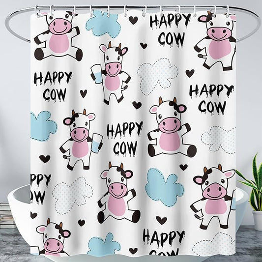 AILONEN Cute Cow Shower Curtain for Bathroom, Kids Children Cow Print Bathroom Curtain,Happy Cow Bath Curtain 72" W*78" H Polyester Waterproof Bathroom Curtain with 12 Hooks