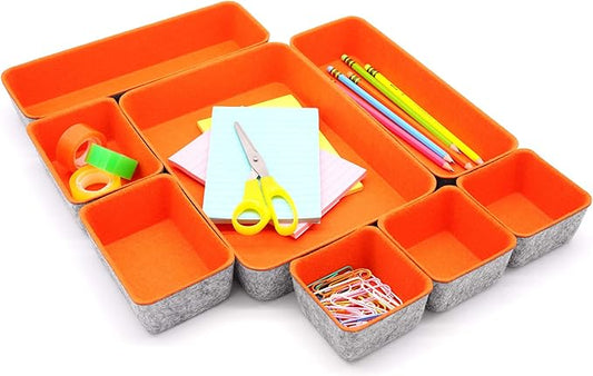 Welaxy desk drawer organizers bin trays dividers small shallow felt storage box soft sturdy office suppliers closet cabinet makeup crafts pens 8-piece back to school (Orange)