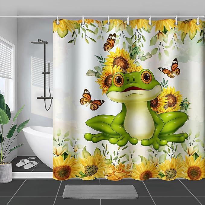 AILONEN Cartoon Frog Shower Curtain Yellow Sunflower Shower Curtain 72" W*78" H,Wildlife Frog Modern Botanical Floral 3D Printed Animal Bathroom Decor Shower Curtain with 12 Hooks