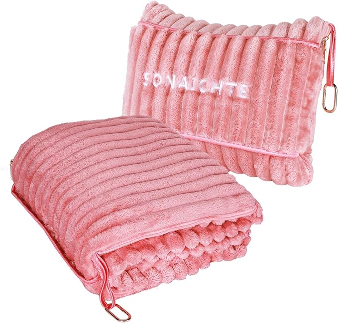 Travel Blanket Travel Blanket Airplane Compact with Bag 2 in 1 Travel Pillow and Blanket Set Travel Pillow and Blanket Car Road Trip Camping Essentials (Light Pink)