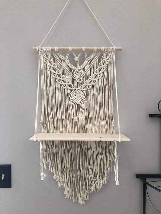 NORAS's ACCENT Macrame Wall Hanging Shelf - Boho Indoor Outdoor Hanging Shelves Organizer for Wall Decor - Decorative Bohemian Wall floating Storage Shelf for Plants, Handmade Cotton Rope Pine Wood
