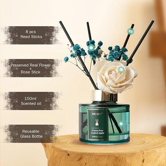 Airkeep Flower Reed Diffusers Set, 5.07 oz Pear/Apple/Berry Scented Oil Diffuser with 8 Reed Sticks, Home Fragrance Diffuser Gift Set for Bathroom & Office Decor 150ml