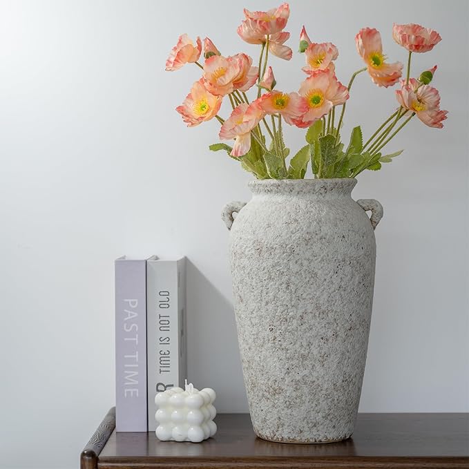 Ceramic Rustic Farmhouse Vase with 2 Handles, 12.2'' Tall Large Vintage Stoneware Clay Decorative Handmade Terracotta Pottery Flower Vase for Home Living Room Decor Table Entryway Grey White