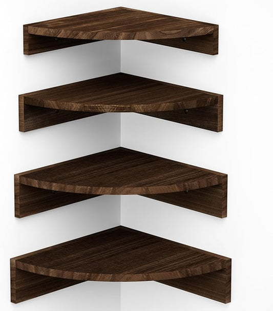 Alsonerbay Corner Shelf Wall Mount, Floating Shelves for Wall Storage and Display, Set of 4 Rustic Wood Shelves for Bedroom, Kitchen, Living Room, Nursery and Office (Dark Brown)