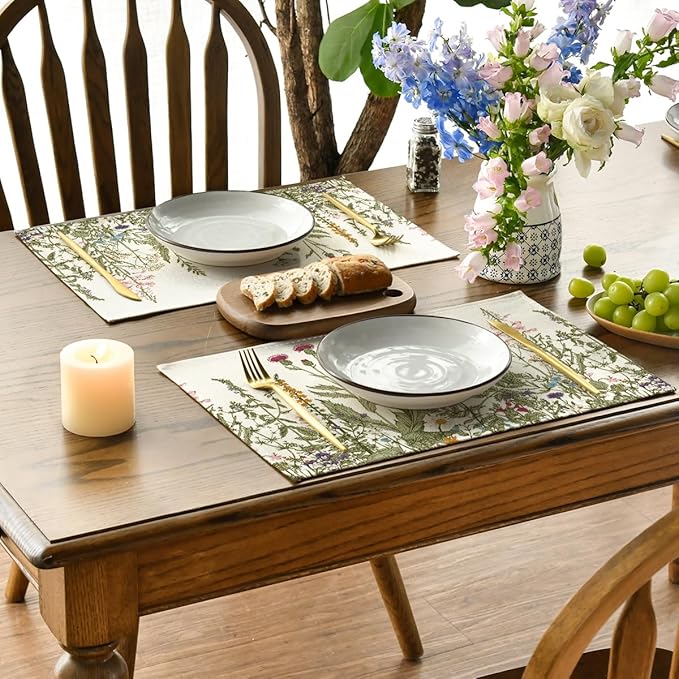 Artoid Mode Antique Herbs and Wild Flowers Summer Placemats Set of 8, 12x18 Inch Seasonal Wildflower Spring Table Mats for Party Kitchen Dining Decoration