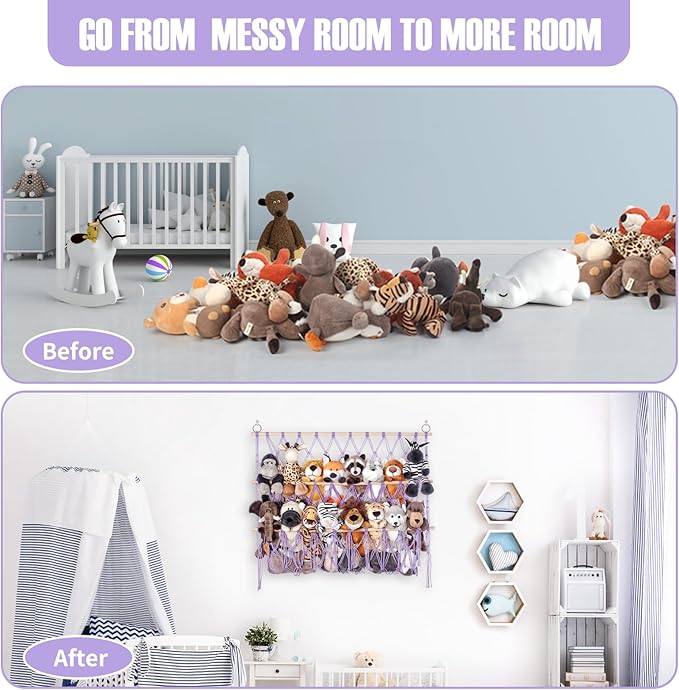 Stuffed Animal Net or Hammock Large Corner Storage for Plushies Stuffed Animals Zoo Wall Hanging Organizer Holder for Toy Hammock, Space-Saving Kids Nursery Decor (Purple)