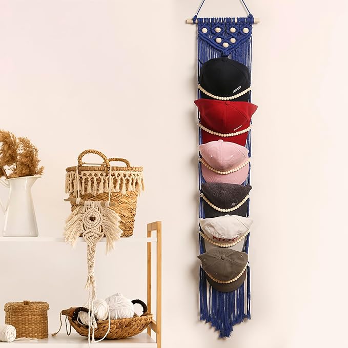 Ball Cap Hanger-1 Pack-Boho Macrame Cap Holder Wall Hat Organizer for Baseball Cap Holder Over Door, Hat Rack for Wall, Cap Rack for Decoration and Display(Blue)