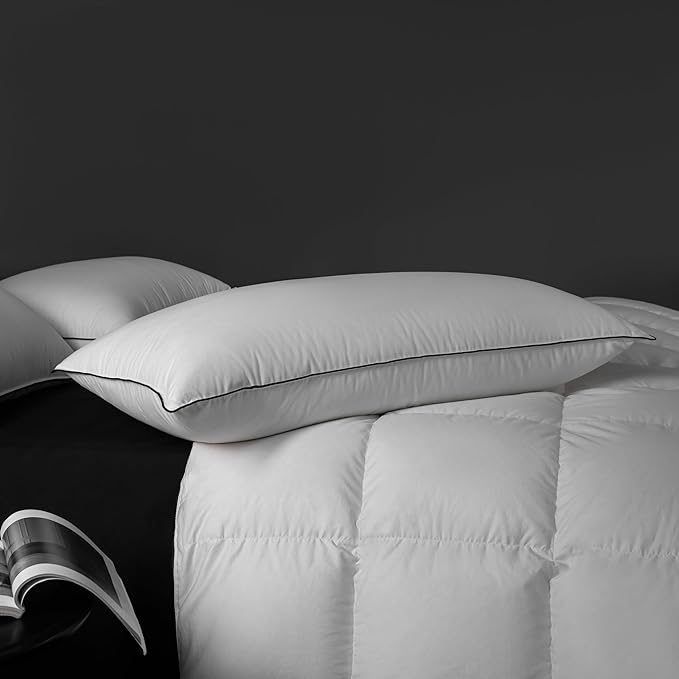 MAXICOZY Hungarian Goose Down Pillow Queen Size, 3-Chamber Bed Pillows Queen Size Pillow, White Hotel Pillows for Sleeping, 460TC Soft Cotton Blend Shell- Queen (20" x 28"), 1 Pack