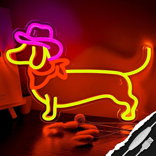 Dachshund Neon Sign Dog Neon Signs for Wall Decor Cute Puppy with Cowboy Hat Led Light Sign for Pet Shop Bedroom Wall Home Party Decor, Party Accessory, Gift for Dog Lover…
