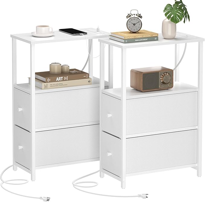 TUTOTAK Small Narrow End Table with Charging Station, Set of 2, Side Table with Outlets, Nightstand with 2 Cloth Drawers, Couch Table, for Living Room, Bedroom, Bedside, White TB01BW055